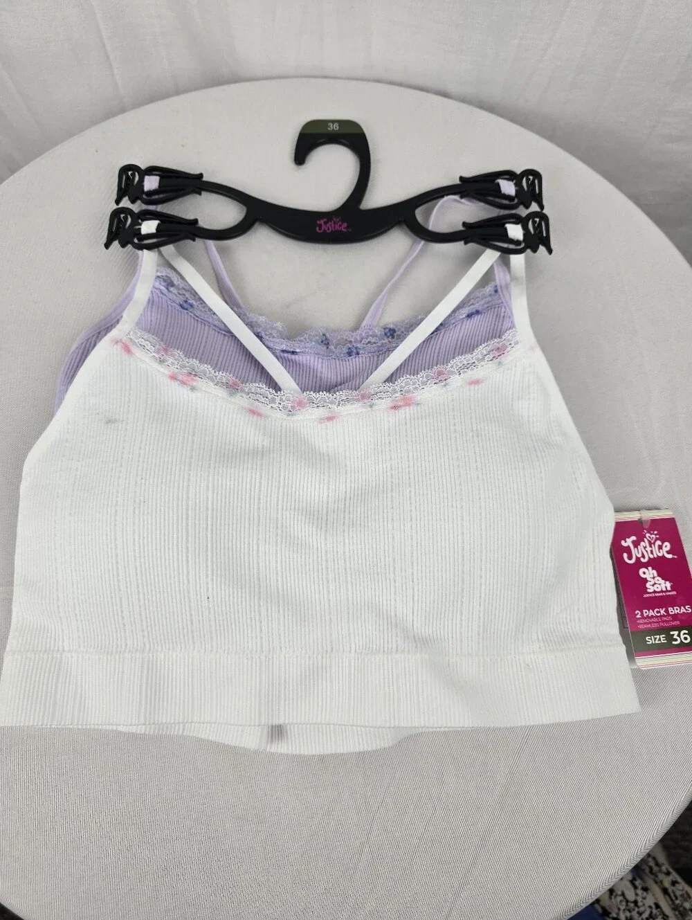 NWT Justice Girl's 2 Oh So Soft Lace-Trim Ribbed White & Lilac Bralettes Sz 36